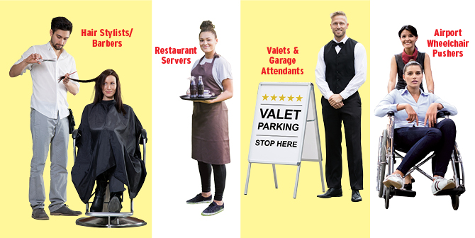 Enlargeable collage of people working different kinds of minimum wage jobs