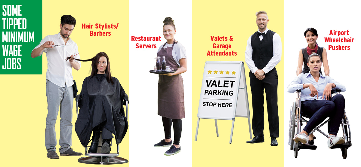 Collage of people working different kinds of minimum wage jobs