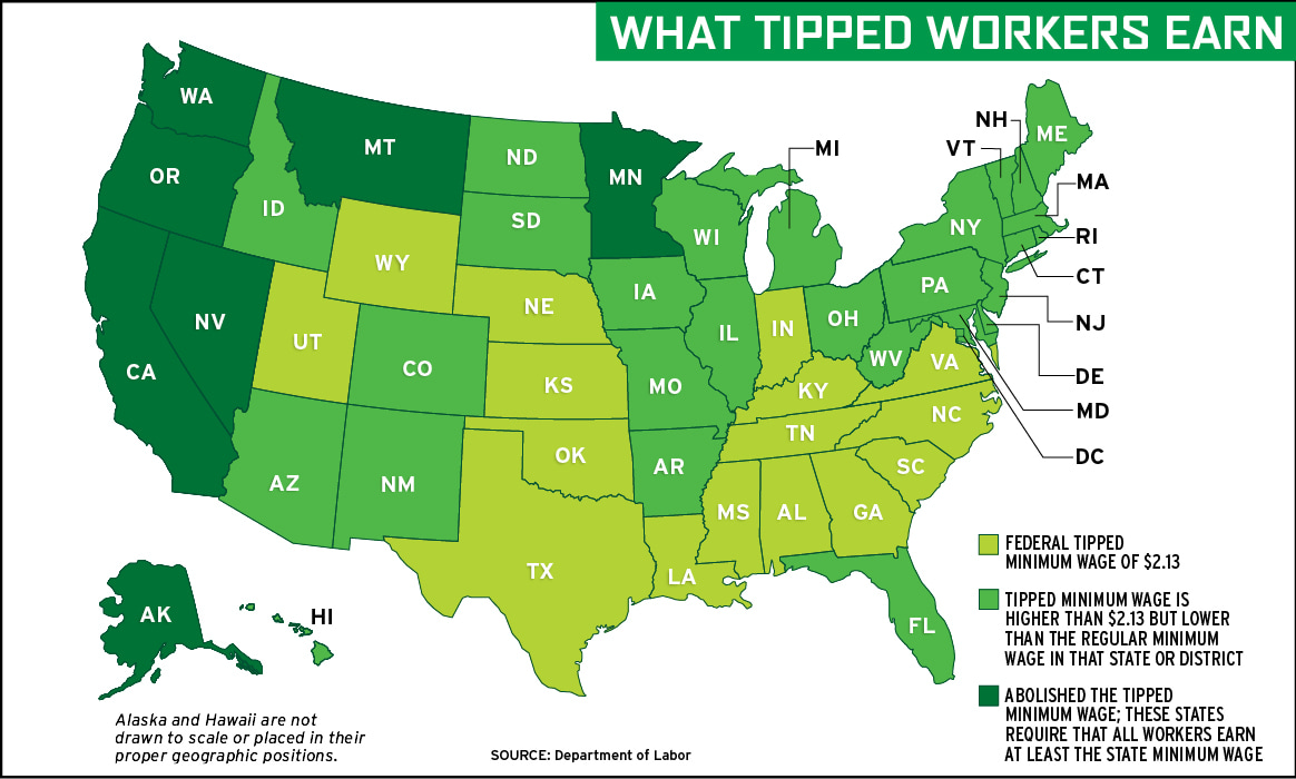 Map showing tipped minimum wage laws by state