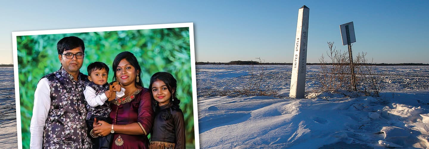 Photo of a family of four and image of a border marker