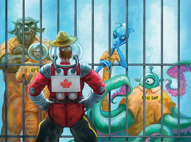 Enlargeable illustration of different creatures in an underwater jail watched by a Canadian officer