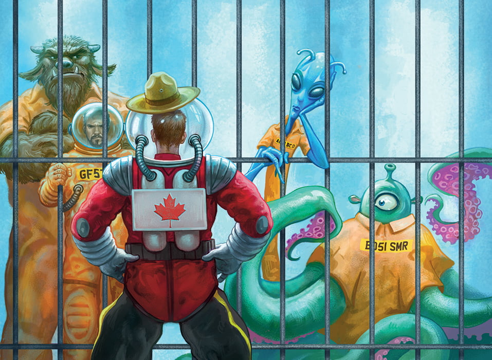 Illustration of different creatures in an underwater jail being watched by a Canadian officer