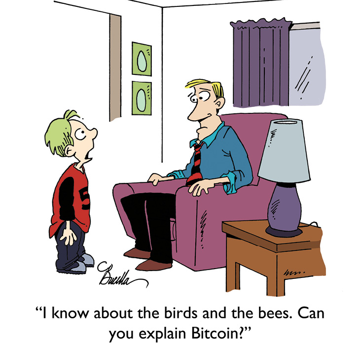 Comic of son asking his dad to explain Bitcoin