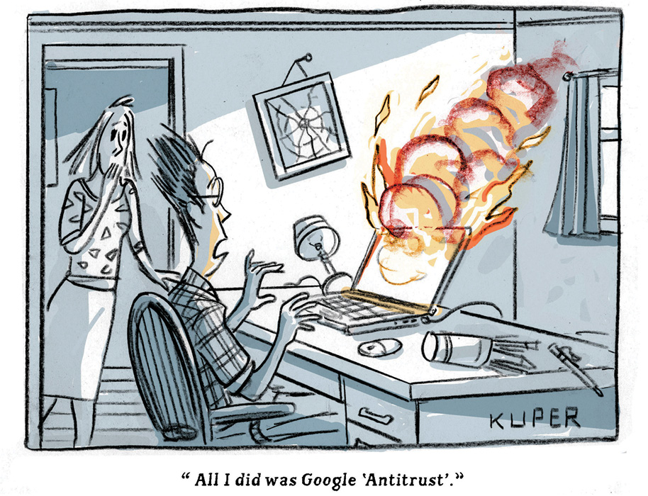Comic of a laptop on fire with text, "All I did was Google Antitrust"