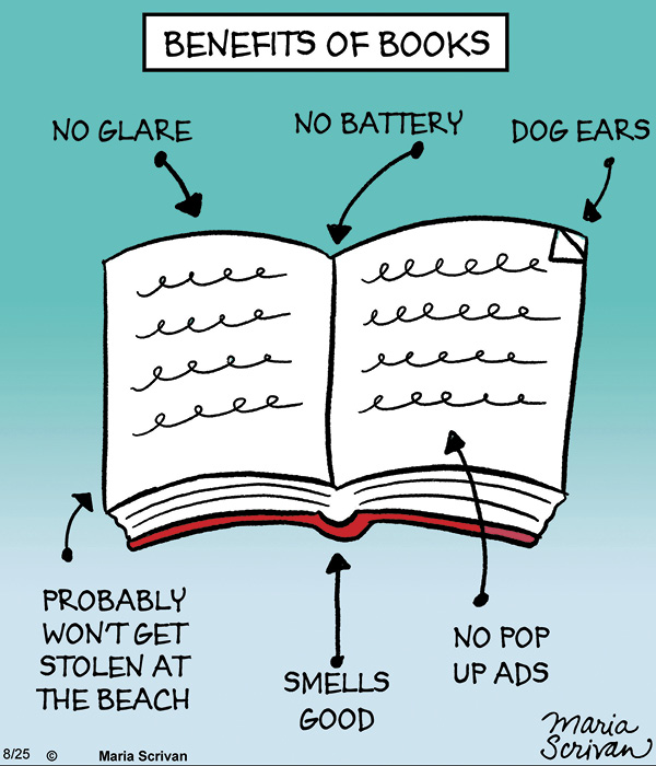 Comic showing benefits of books such as no battery, no glare, no pop up ads