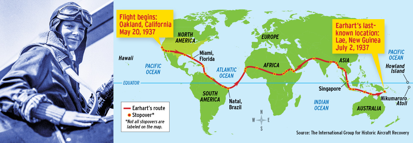 Black & white photo of Amelia Earhart next to route she flew in 1937