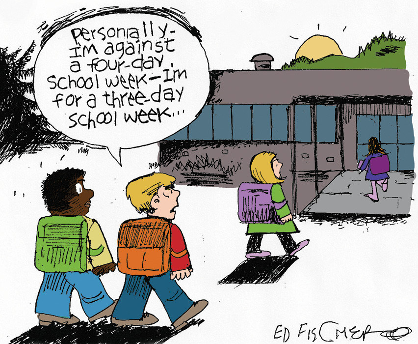 Comic of students discussing a three-day school week