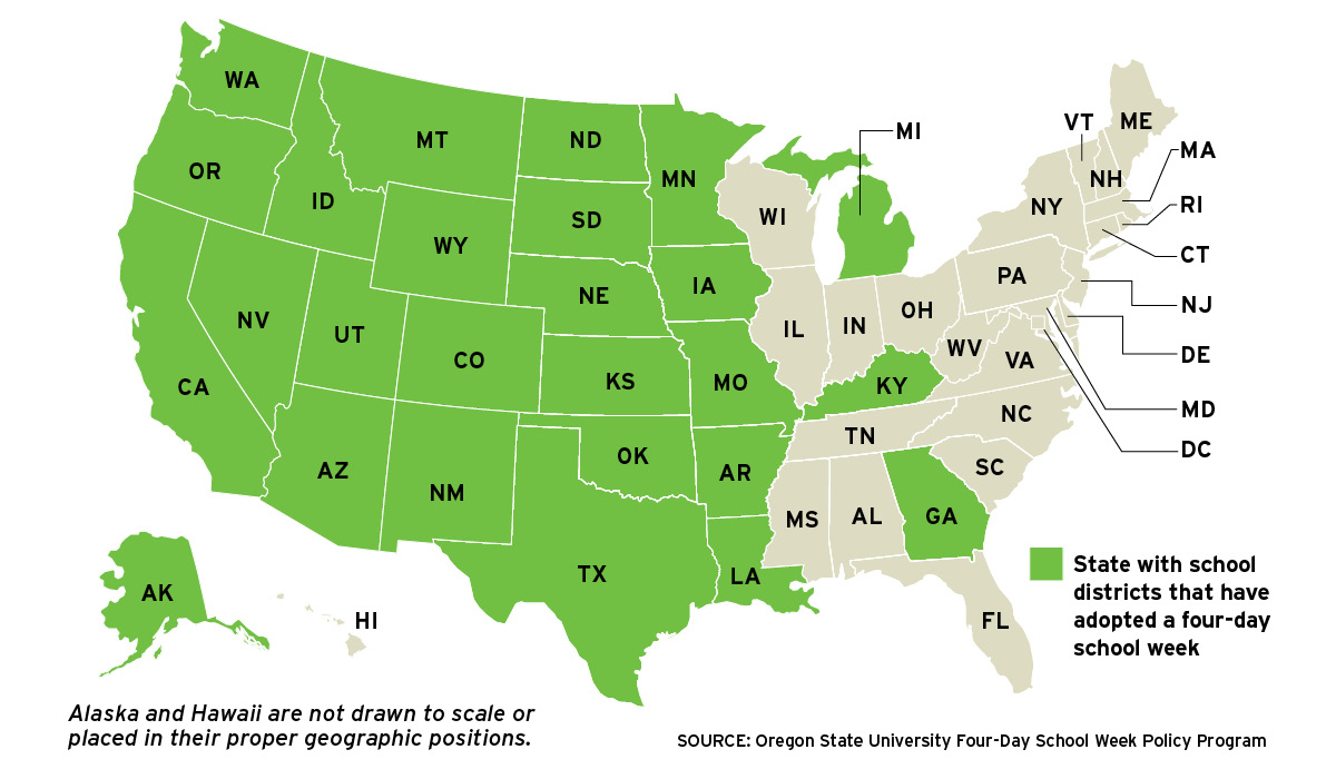 Map of America highlighting which states have adopted a four-day school week