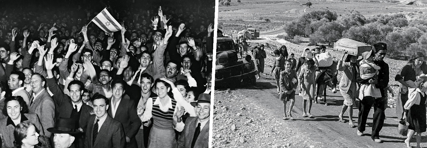 Two black & white photos: one of people protesting and the other of people walking at a funeral