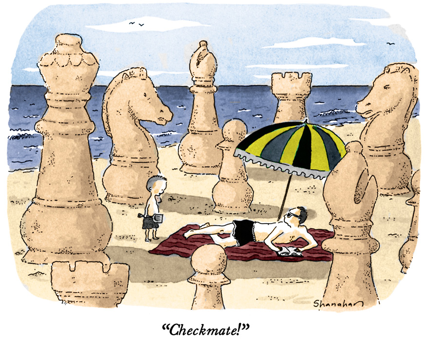 Comic of father and son at beach and son has created large chess pieces out of sand