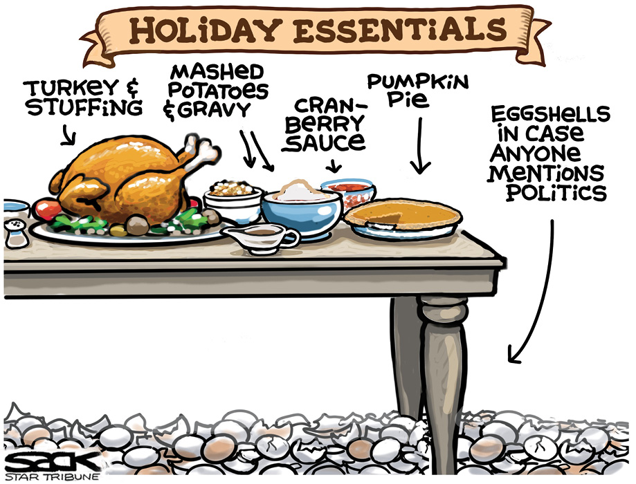 Comic of Thanksgiving essentials like pie, but also eggshells in case anyone mentions politics