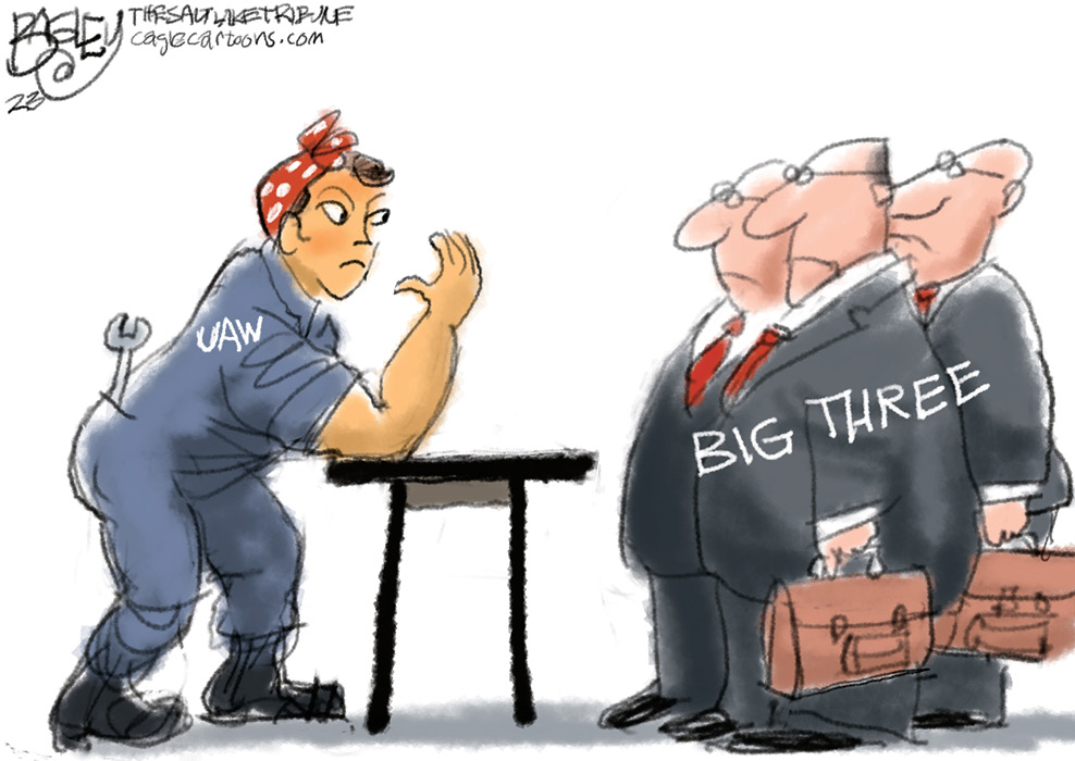 Comic of Rosie the Riveter about to arm wrestle the Big Three, all wearing suits