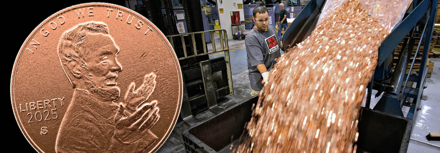 Image of a penny and pennies being made in a factory
