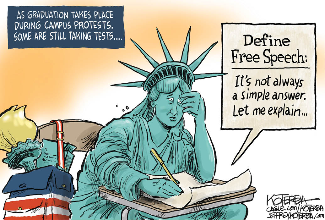 Comic of Statue of Liberty taking test about defining free speech: It&apos;s not always a simple answer.