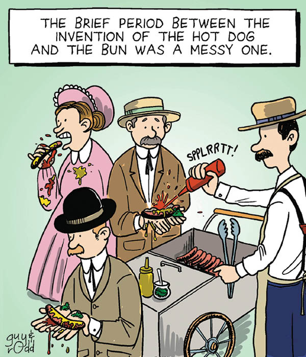 Comic of people eating hot dogs without buns before buns were invented