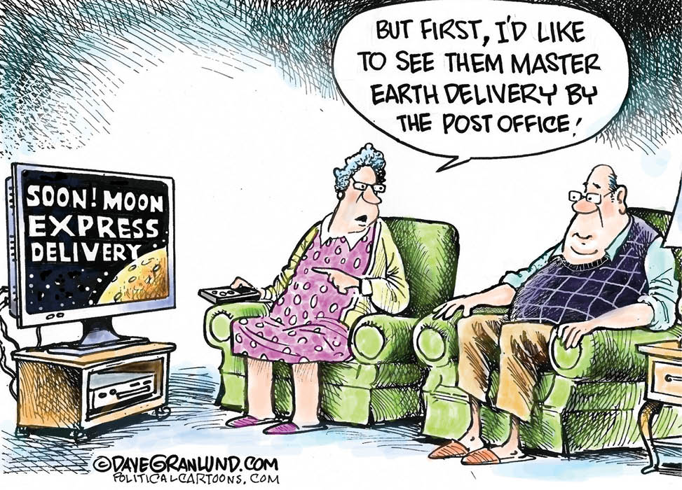 Comic of moon delivery being advertised on TV & couple saying, Master Earth Delivery by Post Office
