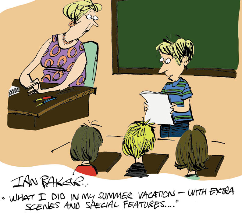 Comic of student speaking about summer vacation "with extra scenes and special features..."