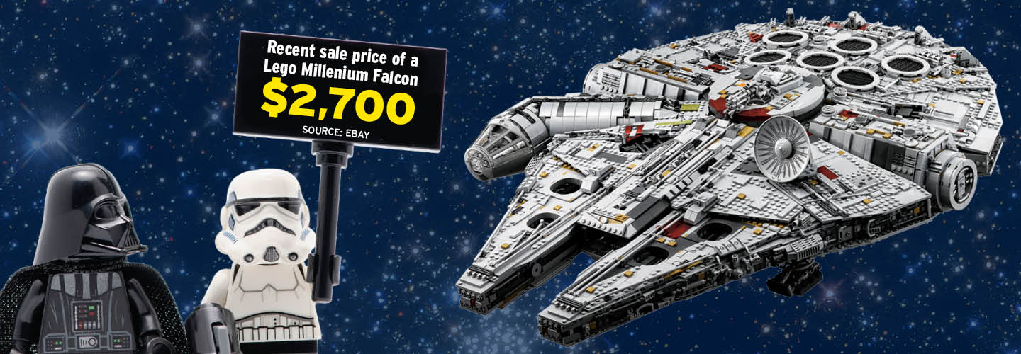 Image of Lego Star Wars with speech bubble, "Recent sale of Lego Millenium Falcon $2,700"
